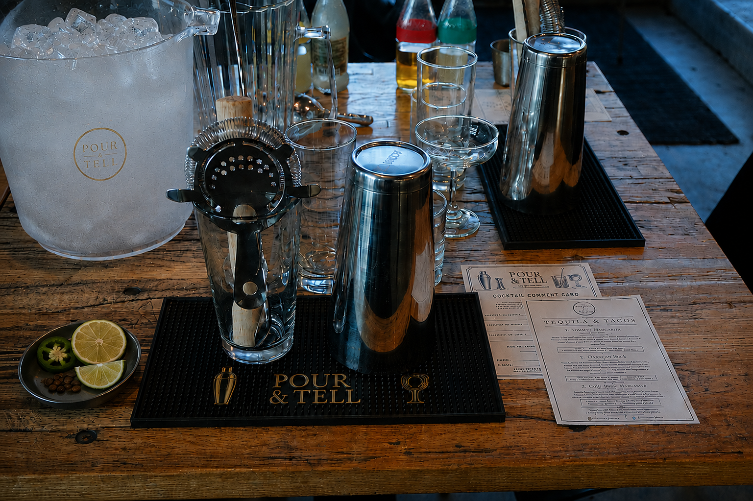 Pour & Tell cocktail tools and ingredients